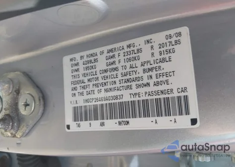 2009 Honda Accord 2.4 Lx-P z USA, uszkodzony, nr VIN 1HGCP26469A030837